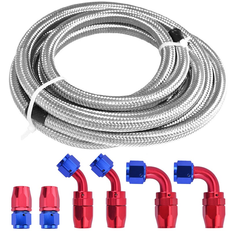 Ameetaa 12FT Fuel Line 6AN Braided Oil Stainless Steel Fuel Hose W/ 6 Pcs AN6 Hose Compatible for Kit (Silver + 6pcs) - Image 1